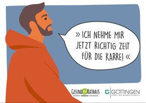 Mann mit Sprechblase "Ich nehme mir jetzt richtig Zeit für die Karre"