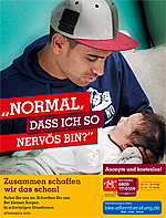 Plakat Vater mit Säugling, Titel: Normal, dass ich so nervös bin?
